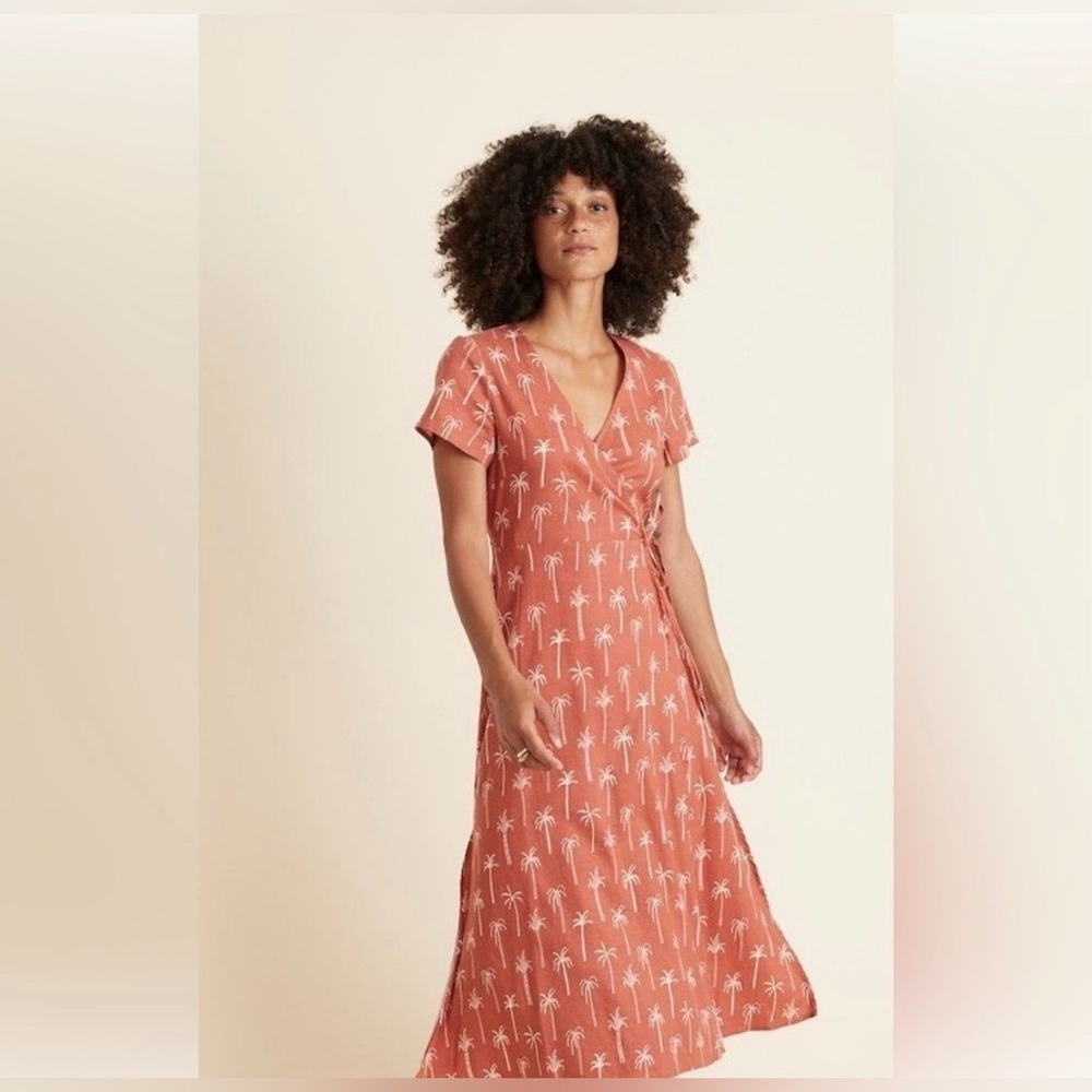 Marine Layer Emlyn Palm Tree Print Wrap Midi Dress Bruschetta Rust Small GUC
